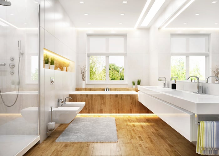 A bathroom with modern furnishings.