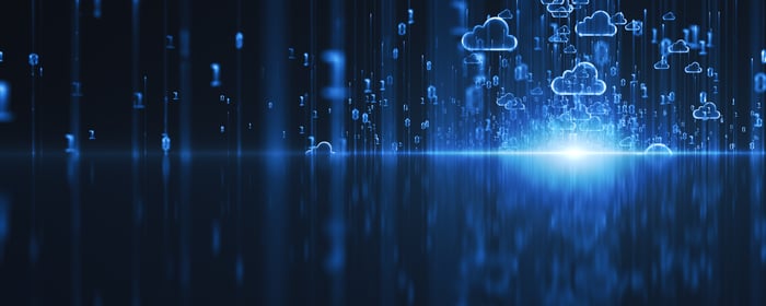Several clouds in a digital landscape against a dark blue background. 