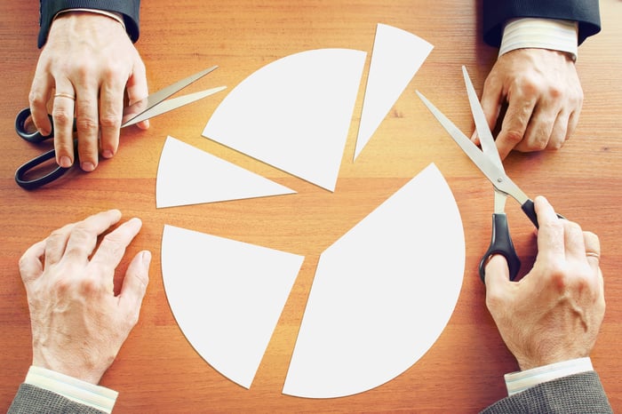 Paper circle cut into several slices by two businessmen holding scissors