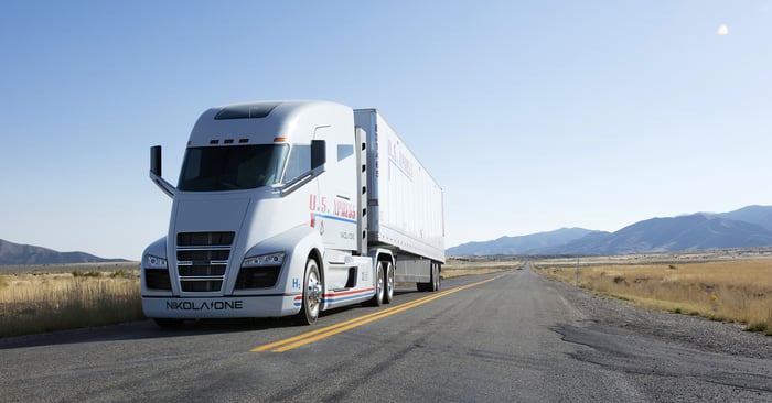 Nikola Corp. electric semi truck driving on highway