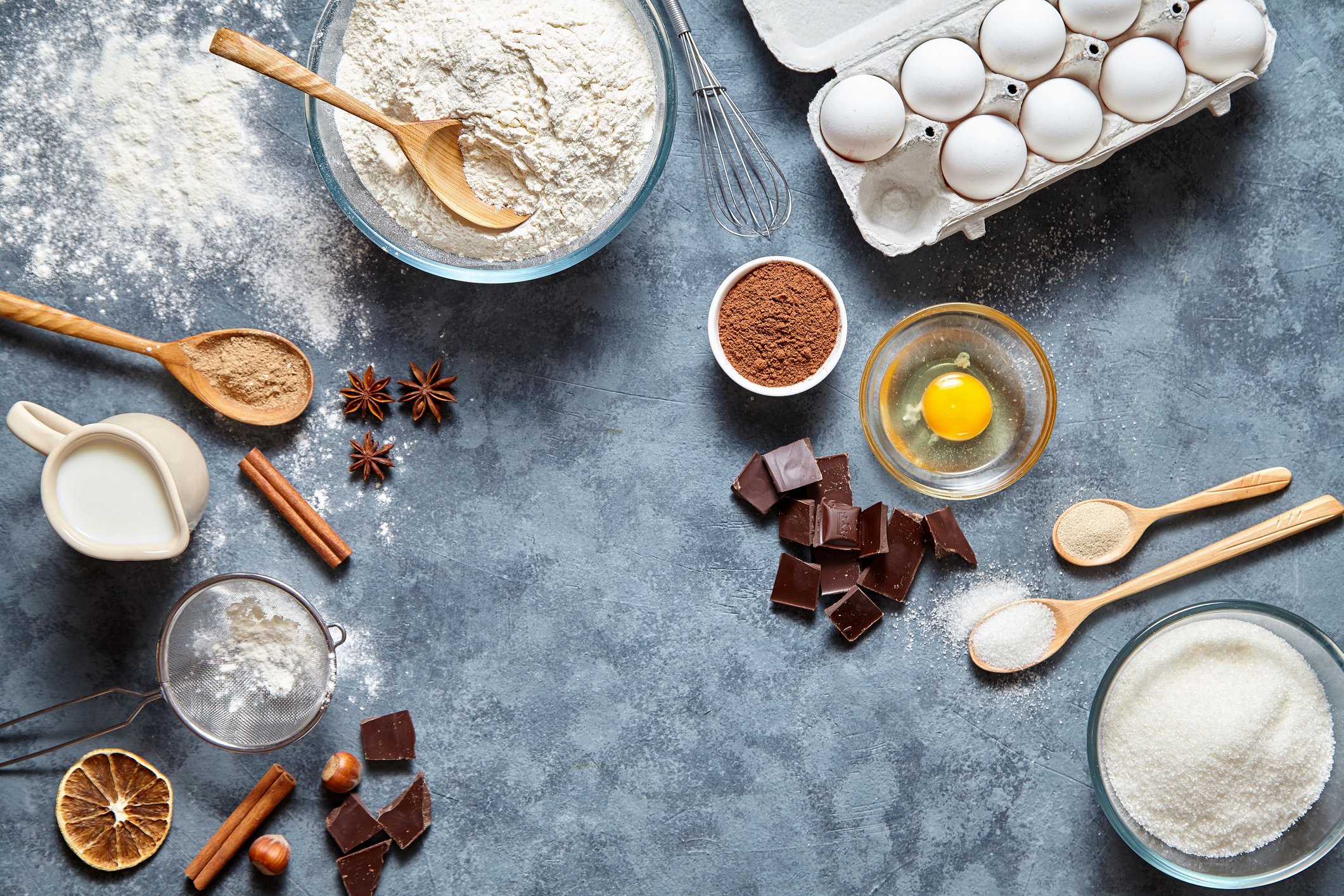 Baking ingredients -- eggs, flour, sugar, chocolate and so on