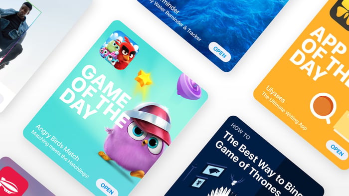 App Store content cards laid out in a diagonal grid