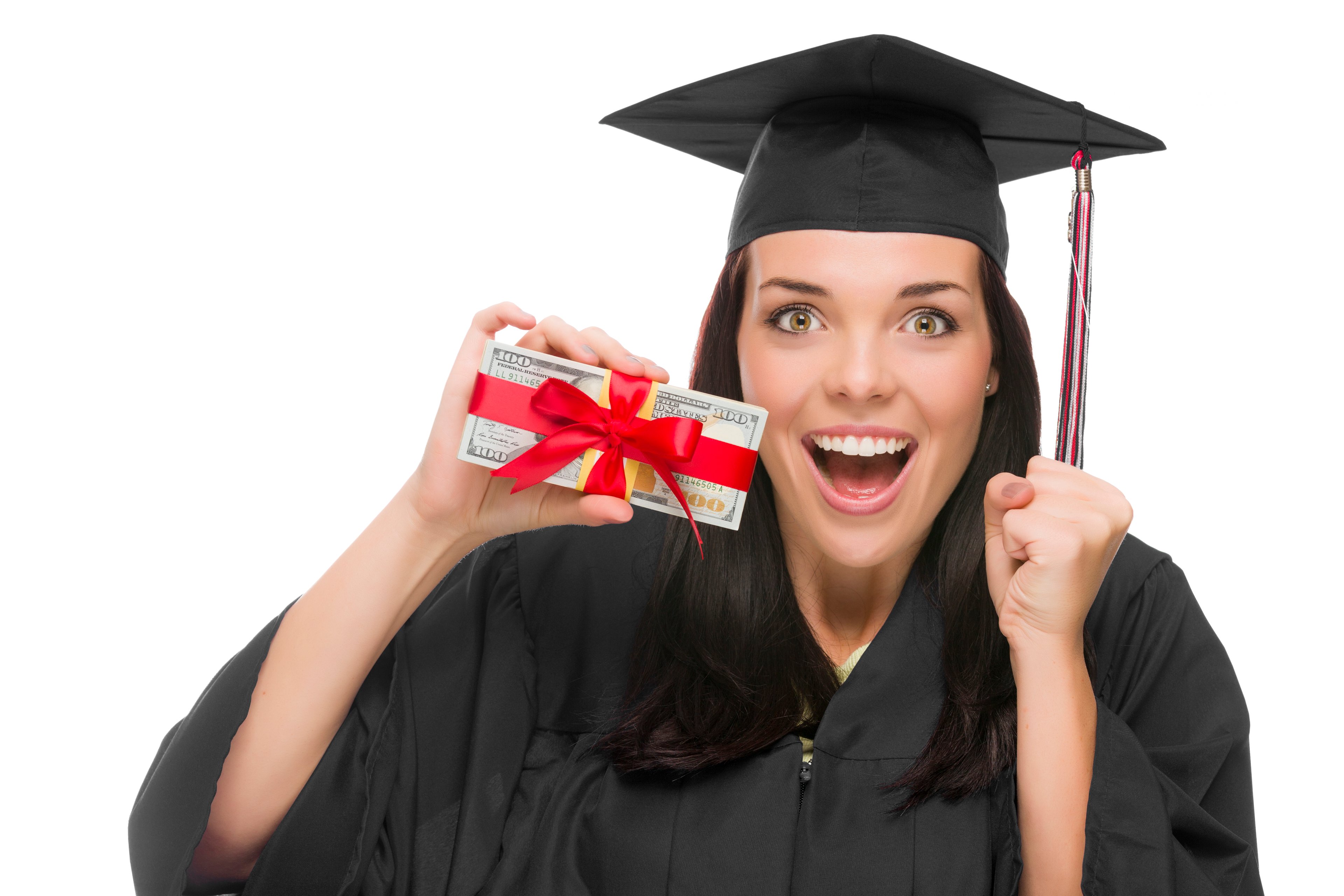 GettyImages-488180591 -- Female College Graduate Holding a stack of cash