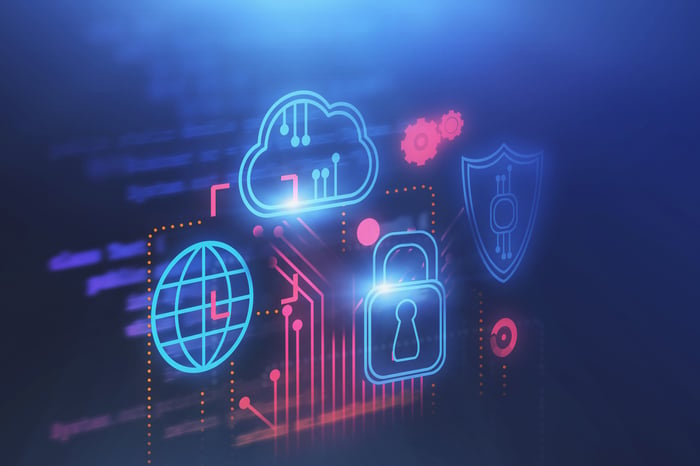 Cybersecurity icons against a blue background.