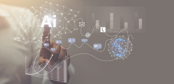 A person touching an AI icon in the middle of a network of points and lines.