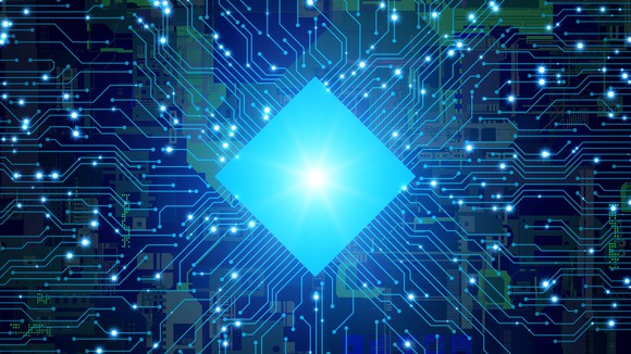 A central processing unit lit up in blue on an animated circuit board.