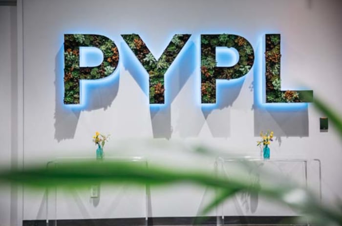 The letters PYPL displayed on a wall in a PayPal office building.