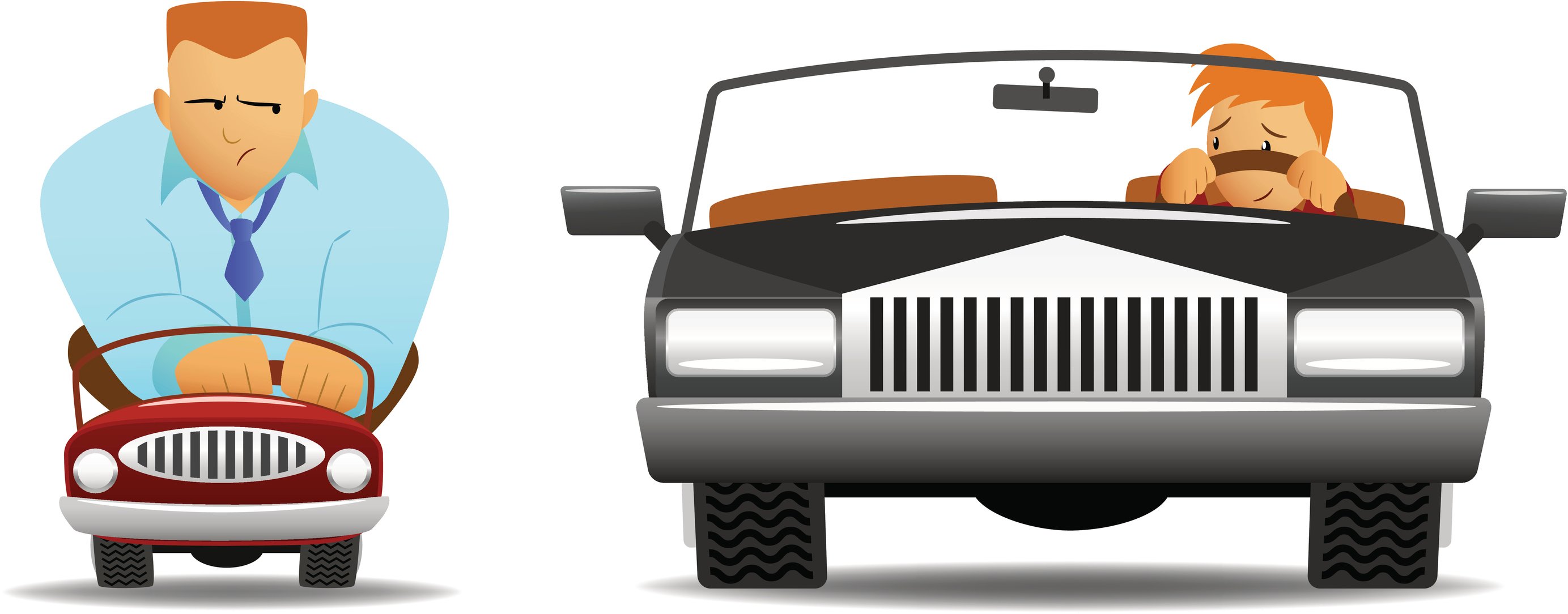 Big man in a small car next to little man in a big car