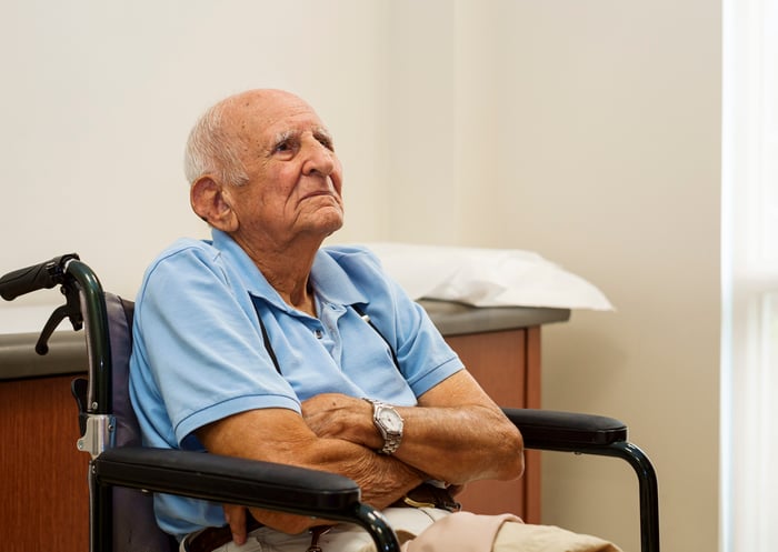 Older man with arms crossed in wheelchair