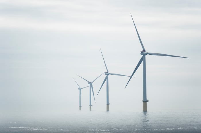 Offshore wind turbines.