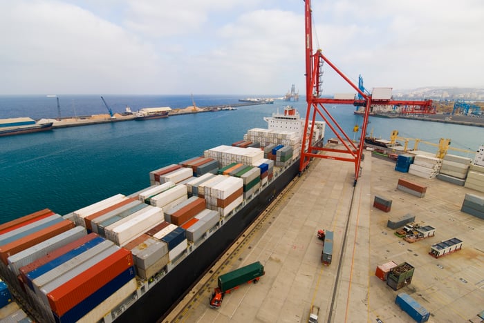 Docked containership loaded with shipping containers