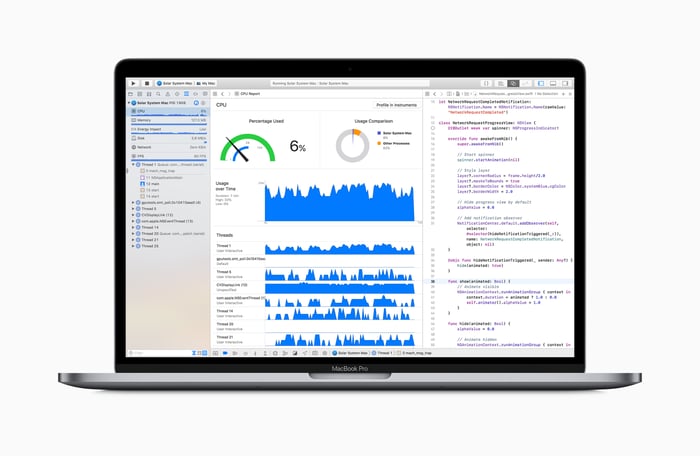 MacBook Pro laptop displaying code and graphs