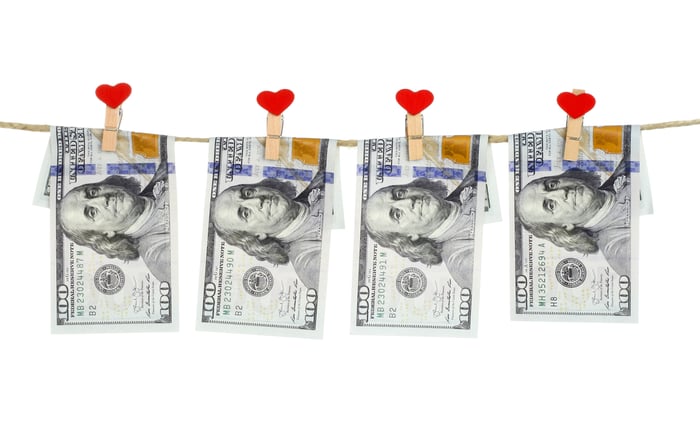 $100 bills hung on a string by close pins with hearts on them.