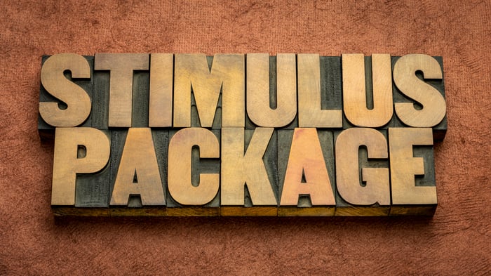 The words stimulus package in gold block letters