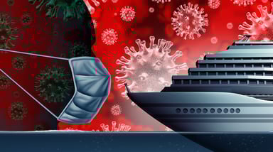 Collage showing a cruise ship, a man in a face mask and a microbe