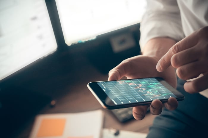 Man holding phone while looking at stock charts.