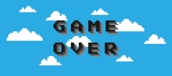 GAME OVER on an 8-bit videogame background of blue sky and clouds.