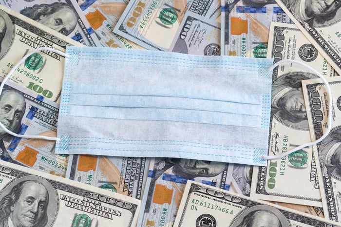 Face mask resting on hundred-dollar bills
