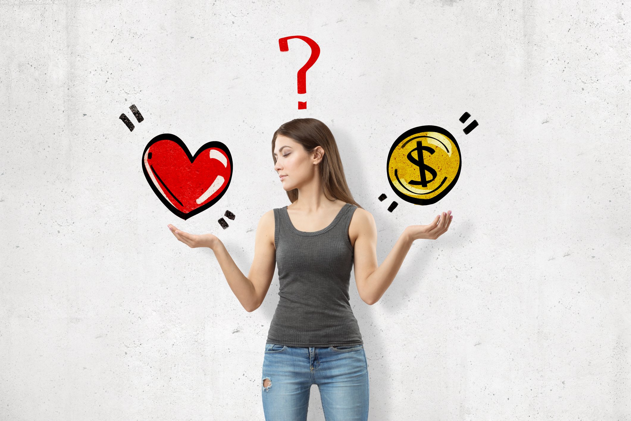 Woman holding heart and dollar sign with question mark
