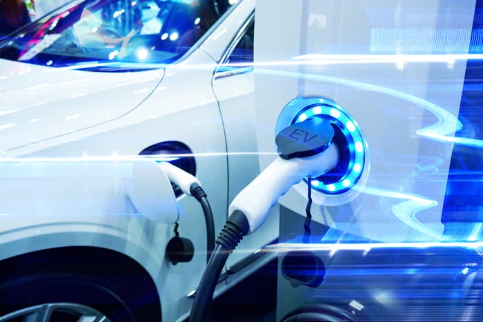 An electric vehicle plugged into a charging station.