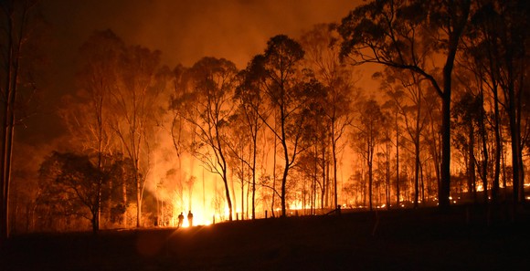 Two people silhouetted against a forest, with a wildfire raging in the background.