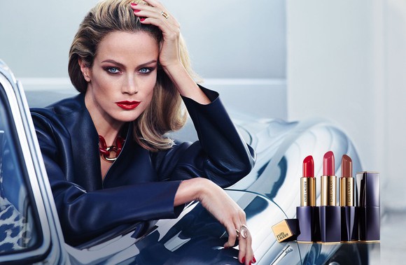 Model with Estee Lauder lipsticks