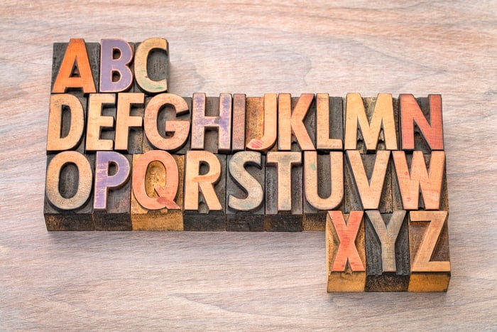 26 alphabet print blocks in alphabetical order.