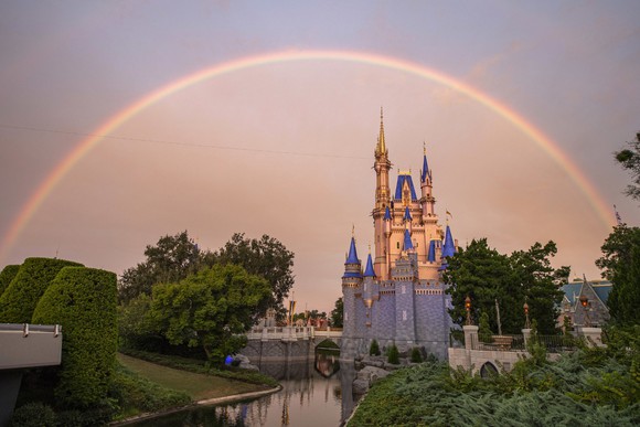 Walt Disney castle with rainbow in the sky