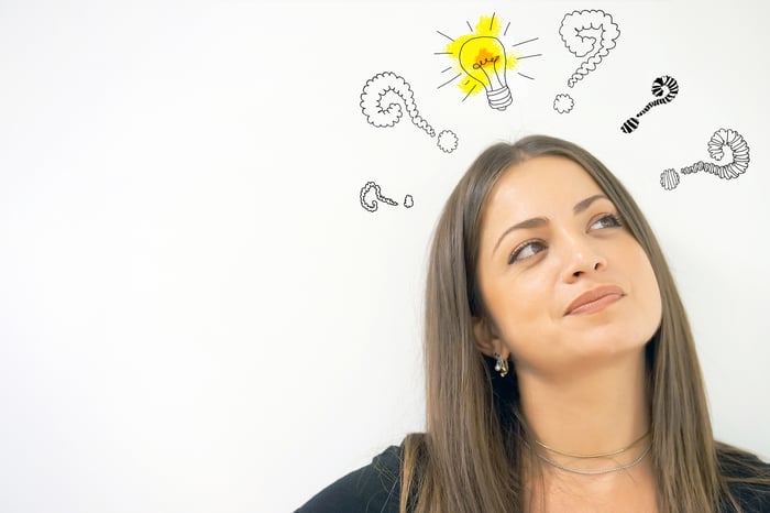 Woman thinking with question marks and a lightbulb drawn around her head.