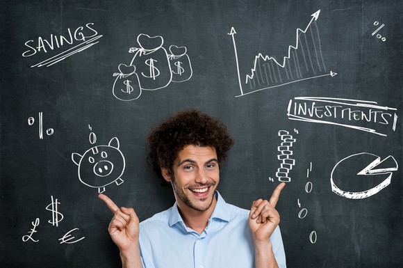 Young man in front of chalkboard with financial charts and symbols on it