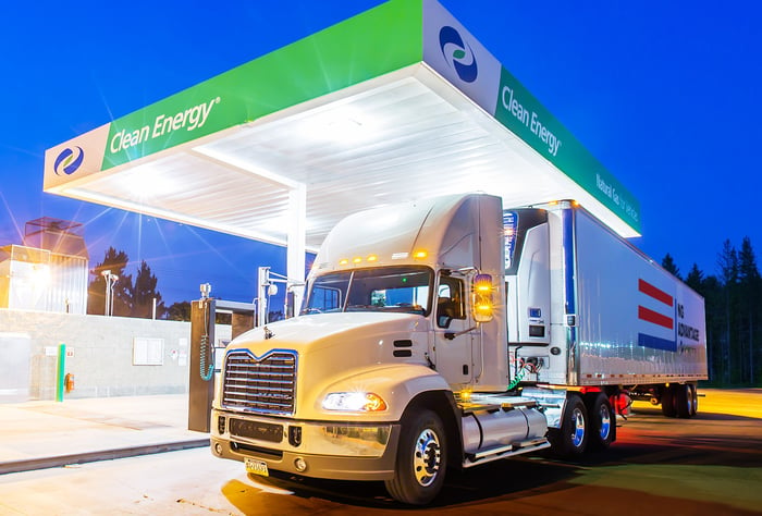 A semi truck fills up at a Clean Energy Fuels filling station.