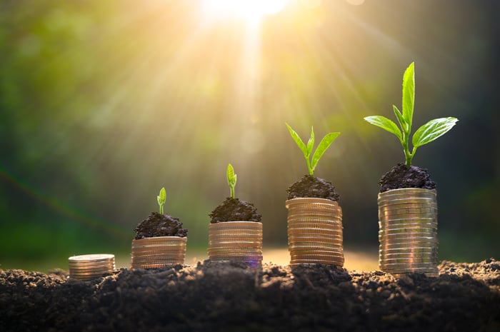 Five progressively taller stacks of coins pictured left to right with a larger green plant shoot on top as the stacks get bigger.