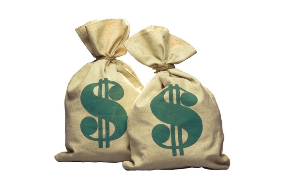 Two money bags with dollar signs printed on them.