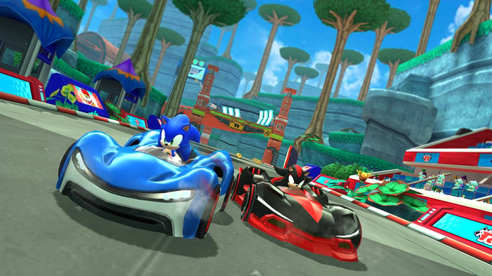 Characters driving cars in Sega's Sonic Racing on Apple Arcade