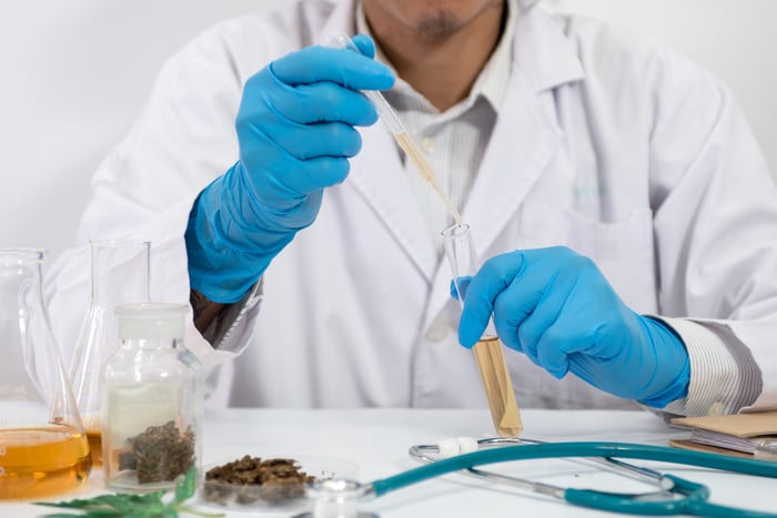 A gloved lab technician using a dropper to put cannabinoid-rich liquid into a test tube. 