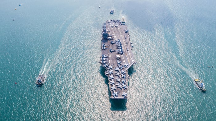 An aircraft carrier flanked by support ships on the open ocean.