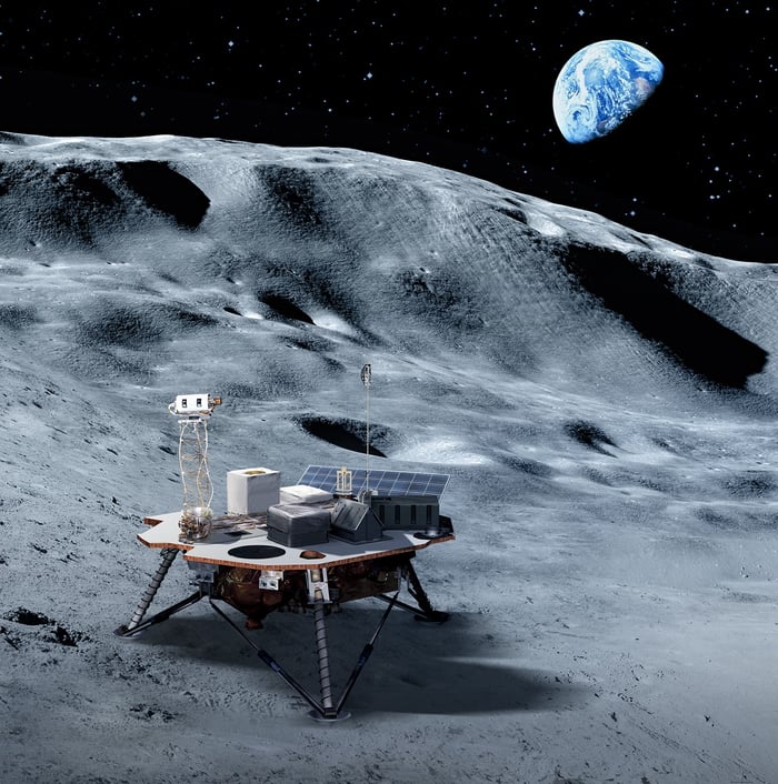 Artist's rendering of a small lander on the moon with Earth in the background.