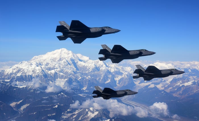 Aerial view of F-35s flying over Alaska.