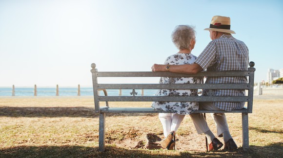 Older couple sitting on bench looking out at beach.