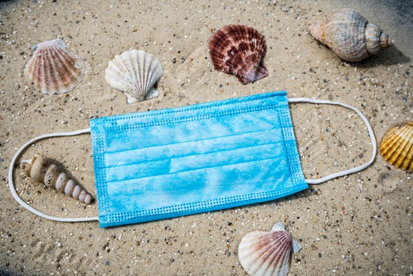 A light blue surgical mask lying on a sandy beach surrounded by seashells