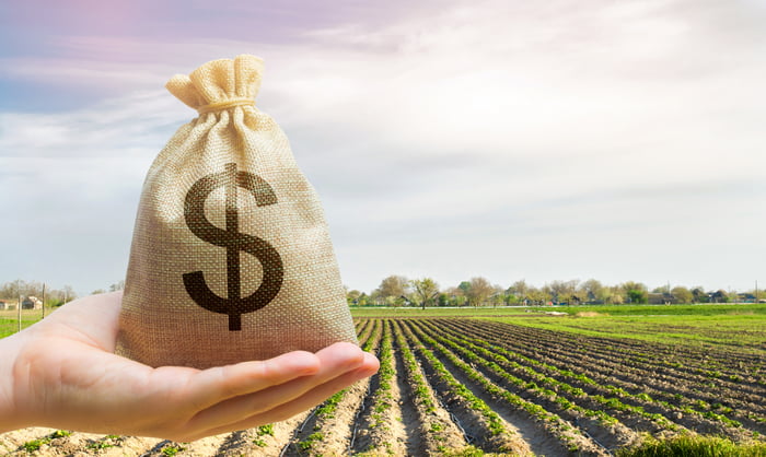 A canvas bag with a dollar sign on it is in a hand, with a farm field behind it.