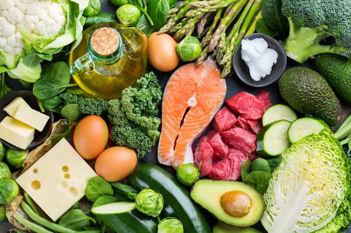 An assortment of raw fish, meats, vegetables, cheese, eggs, and fruit, representing a "Keto" diet.