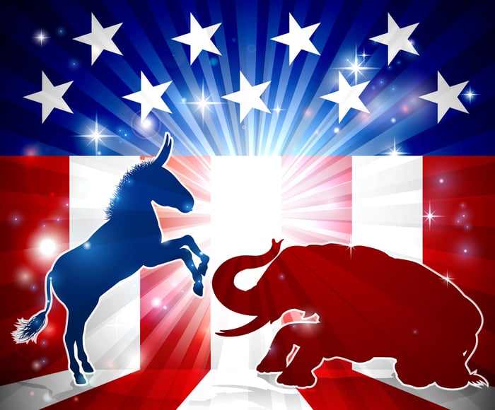 Democratic donkey and Republican elephant clash in front of an American flag  themed background.