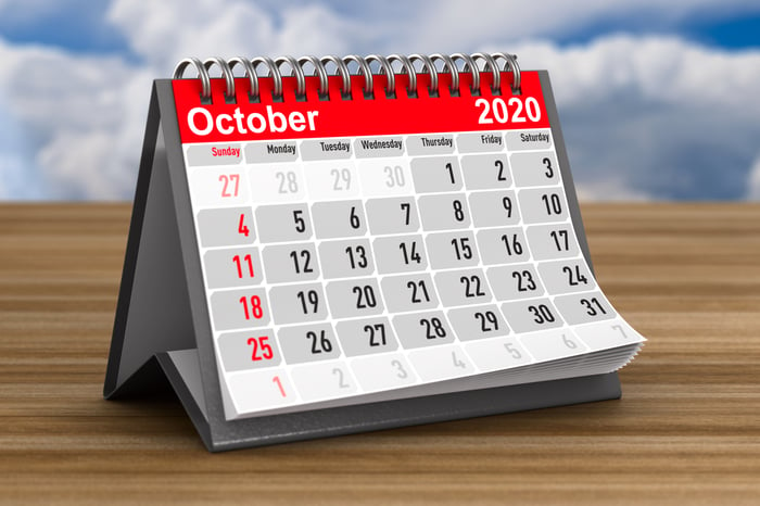 Calendar for October 2020 standing on a wooden table.