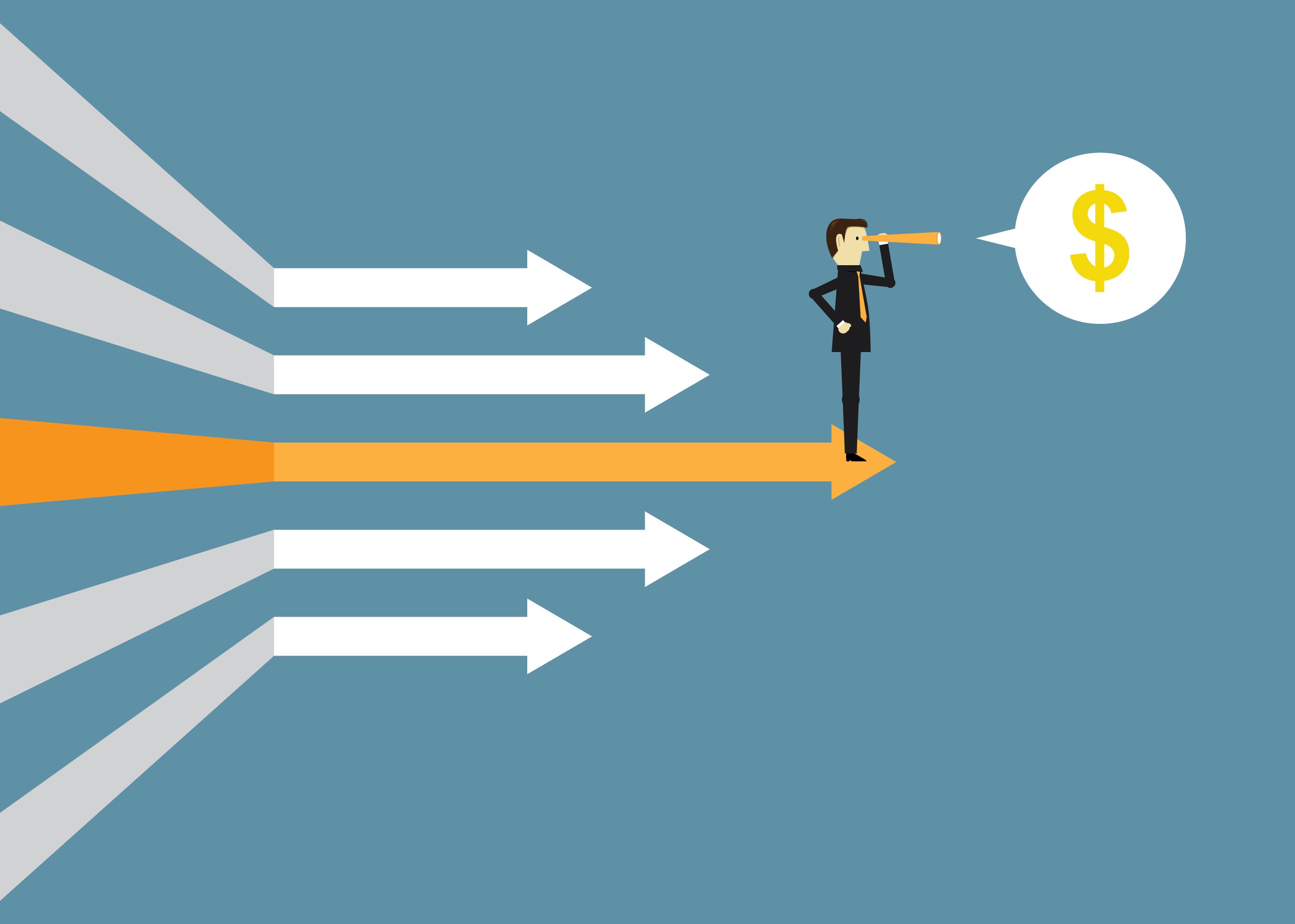 Illustration Man With Spyglass Pointed at Dollar Sign