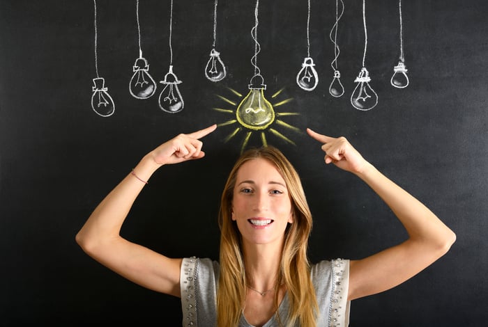 A woman pointing to a lit chalk lightbulb above her head