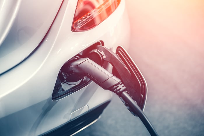 An electric vehicle plugged in at a charging station.