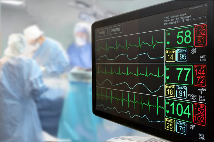 A computer monitor displaying a patient's vital signs in an operating room. 