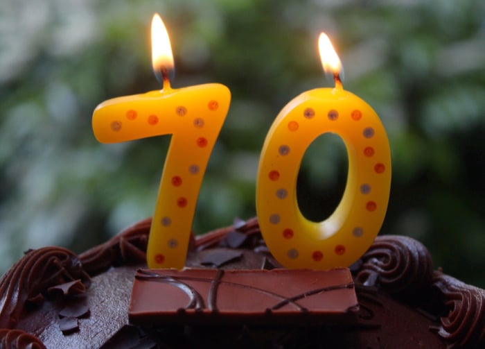7 and 0 candles lit on top of chocolate cake.