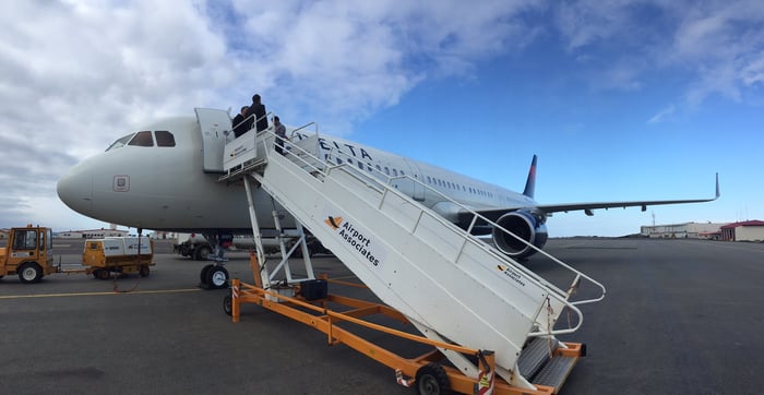 A Delta A321 parked at the airport.